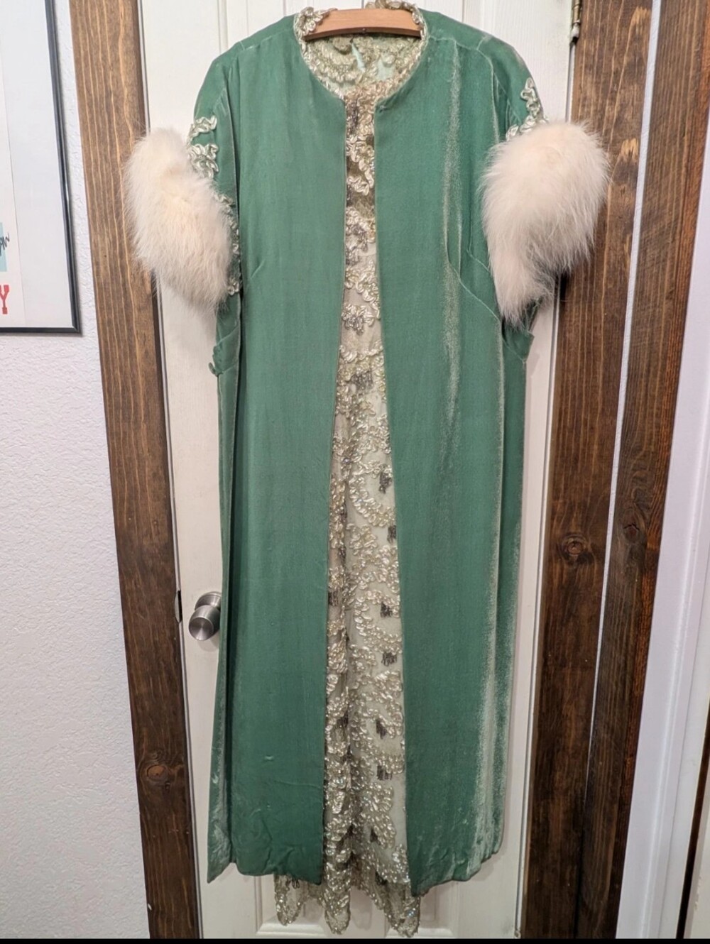 Vintage Handmade Green Beaded Evening Gown Size 0 w/ Coat Fur Accessories AS IS